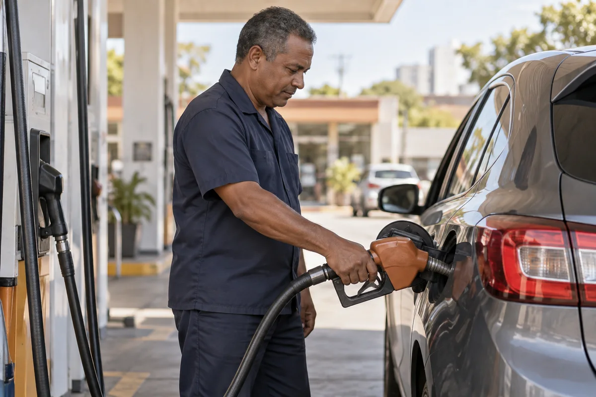 Cena ilustrativa de um frentista em atividade, abastecendo um carro em um posto de combustíveis