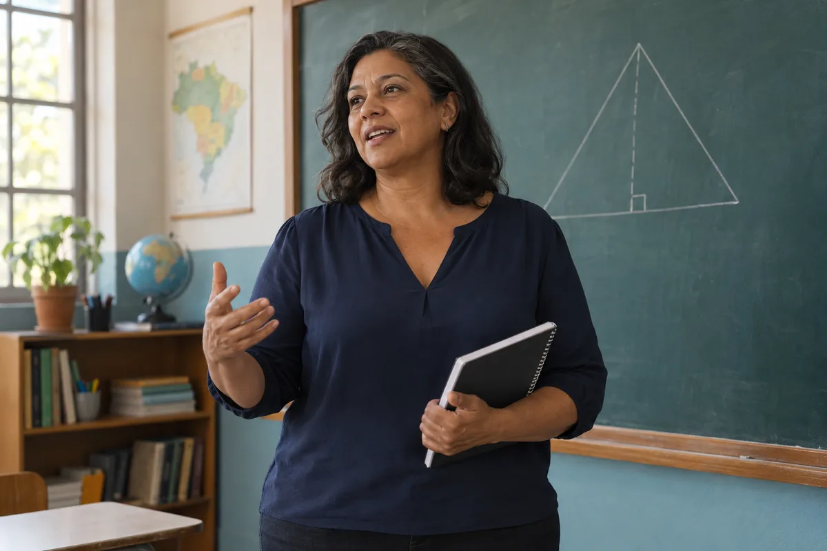 Cena ilustrativa de uma professora em atividade, explicando uma aula junto ao quadro em uma escola