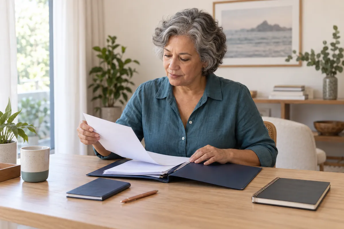 Cena ilustrativa de uma mulher organizando documentos para seu pedido de aposentadoria
